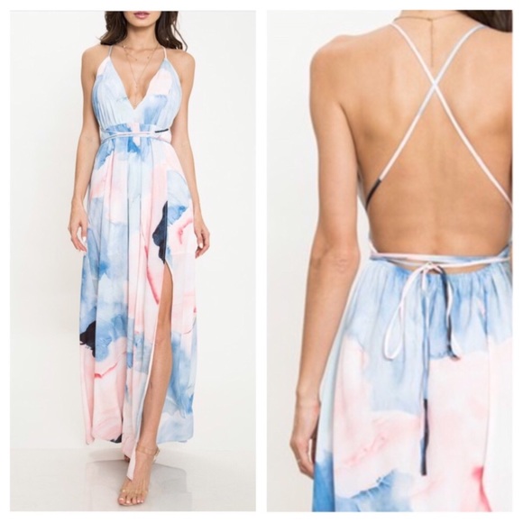 Marble Ink Drop Watercolor Plunge Maxi Dress - Picture 5 of 5